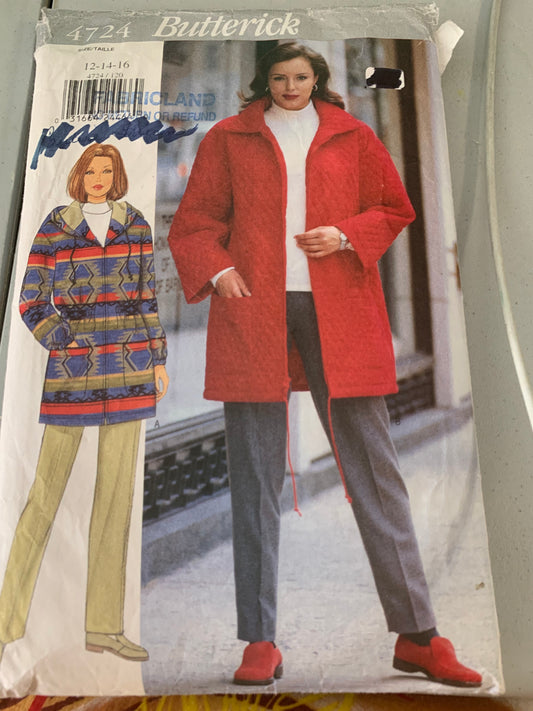 Butterick Sewing Pattern 4724 Misses' Jacket, Pants, Zipper Front, 2 Variations, Loose-Fitting, Collar, Hood, Pockets, Size 12, Cut, Vintage 1999