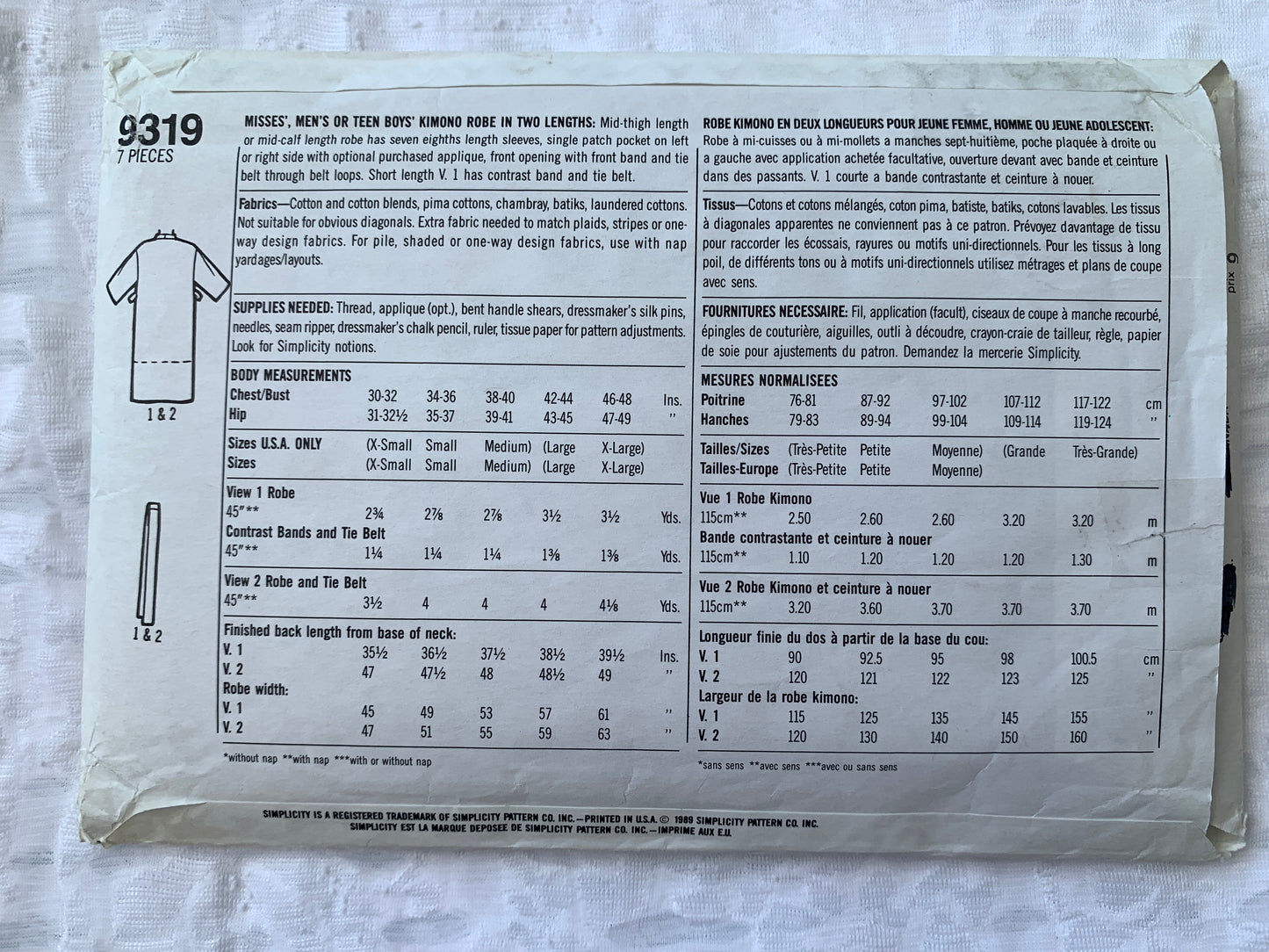Simplicity Sewing Pattern 9319 Misses'/Men's/Teens' Robe, Two Lengths, Size 30-48, Uncut, Vintage 1989