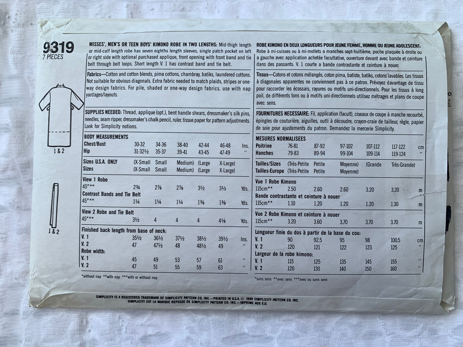 Simplicity Sewing Pattern 9319 Misses'/Men's/Teens' Robe, Two Lengths, Size 30-48, Uncut, Vintage 1989