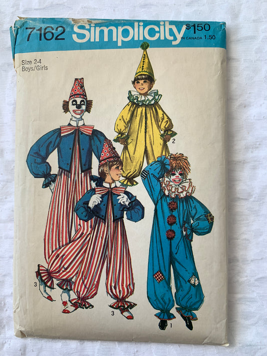 Simplicity Sewing Pattern 7162 Girls'/Boy's Costumes, Halloween, Clowns, Jumpsuit, Hats, Ruffles, Zipper Back, Collar, Size 2-4, Uncut, Vintage 1976