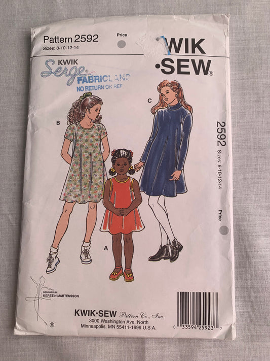 KWIK Sewing Pattern 2592 Girls' Dress, Round Neckline, Long/Short Sleeves, Sleeveless, Cut, Size 8-12, Vintage 1997