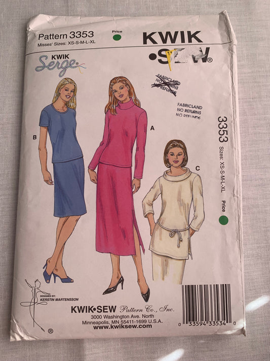 KWIK Sewing Pattern 3353 Misses' Skirt, Top, Long/Short Sleeves, Side Slits, Pullover, Elastic Waist,  Size XS-S, Cut, 2005