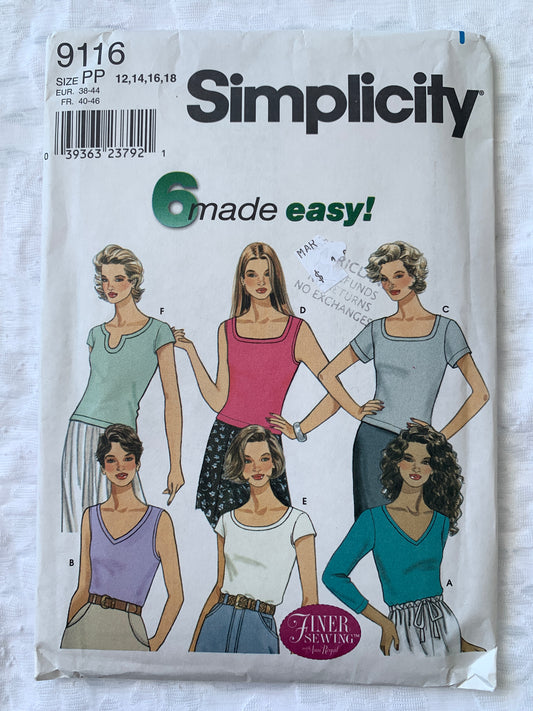 Simplicity Sewing Pattern 9116 Misses' Knit Top, Pullover, Long/Short Sleeves, Neck Variations, Size 12-18, Uncut, 2000
