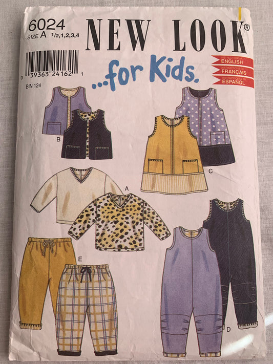 Simplicity New Look Sewing Pattern 6024 Children's/Boy's/Girls' Top, Vest, Pants, Overall, Zipper Front, Elastic Waist, Pockets, Size 1/2-4, Cut, Vintage 1990