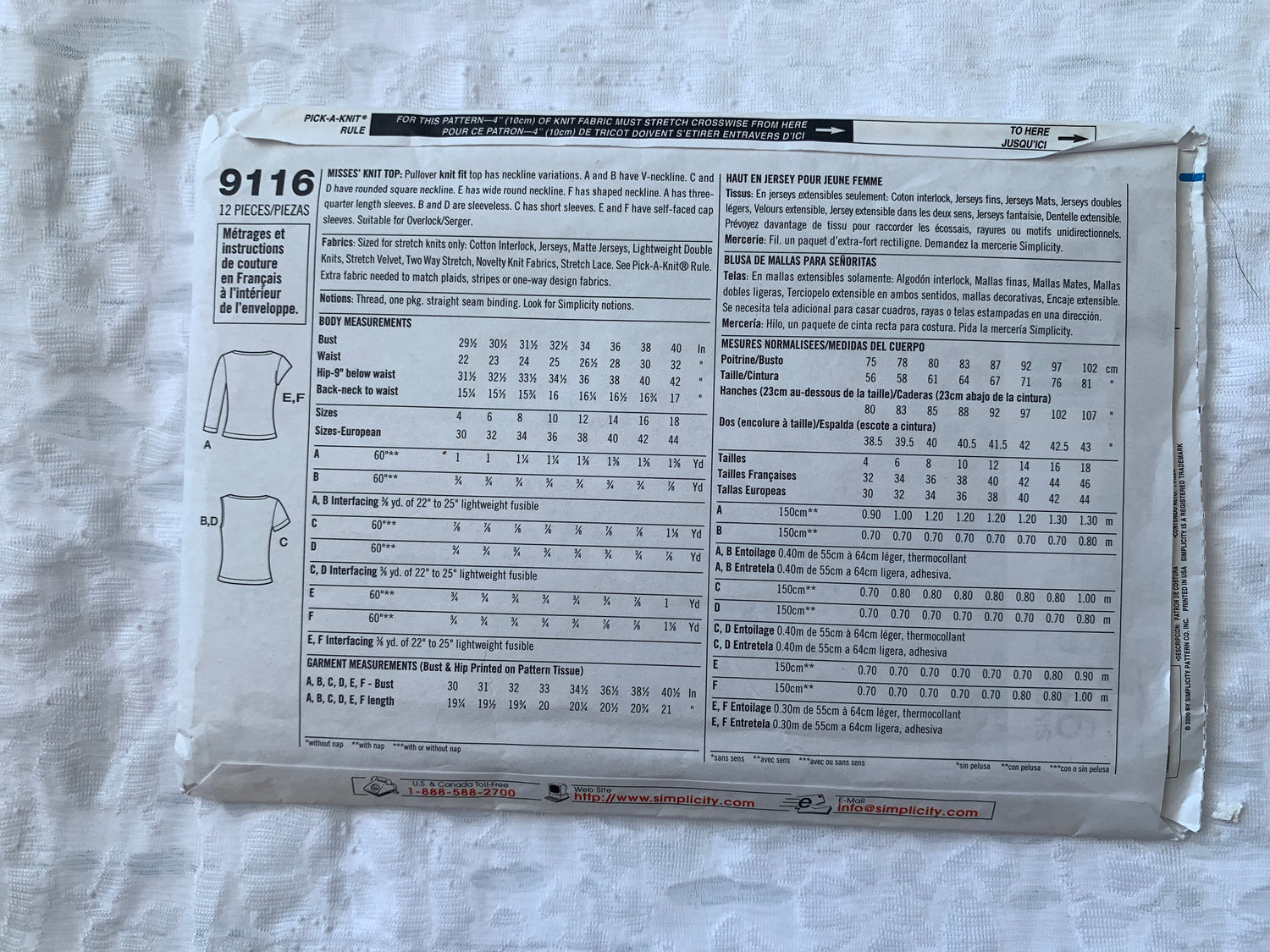 Simplicity Sewing Pattern 9116 Misses' Knit Top, Pullover, Long/Short Sleeves, Neck Variations, Size 12-18, Uncut, 2000