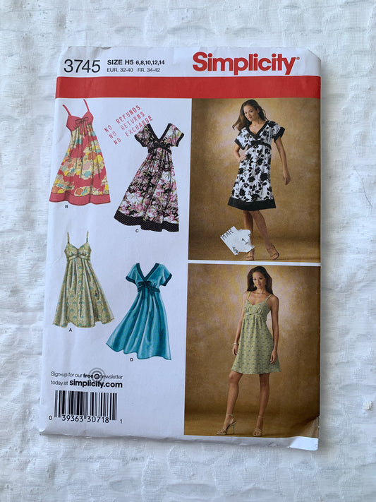 Simplicity Sewing Pattern 3745 Dress, Two Lengths, Bodice 4 Variations, Sleeveless.  Short Sleeves, Size 6-14, Uncut 2007