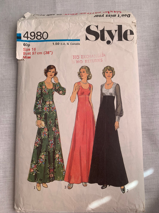 Style Sewing Pattern 4980 Misses' Dress, Long/Short Sleeves, Floor Length, Zipper Back, Lined, High Bodice, Size 16, Cut, Vintage 1974