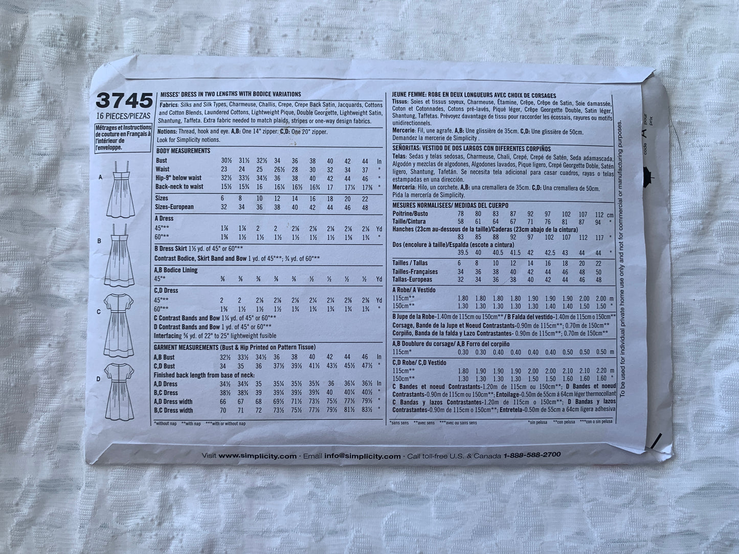 Simplicity Sewing Pattern 3745 Dress, Two Lengths, Bodice 4 Variations, Sleeveless.  Short Sleeves, Size 6-14, Uncut 2007