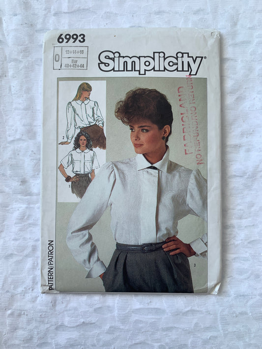 Simplicity Sewing Pattern 6993 Misses' Blouses, Shirts, Button Front, Long/Short Sleeves, 3 Variations, Size 12-16, Uncut, Vintage 1985