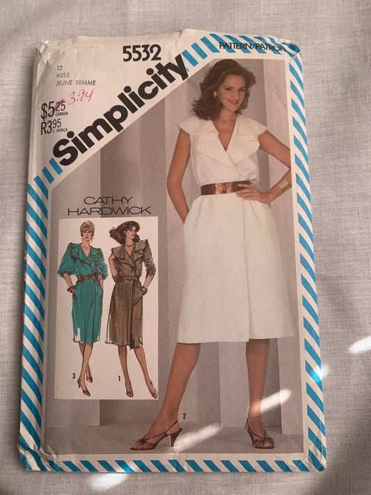 Simplicity Sewing Pattern 5532 Misses' Dress, Mock-Wrap, Elastic Waist, Long/Short Sleeves, Pockets, Capelet Collar, Size 12, Cut, Vintage 1982