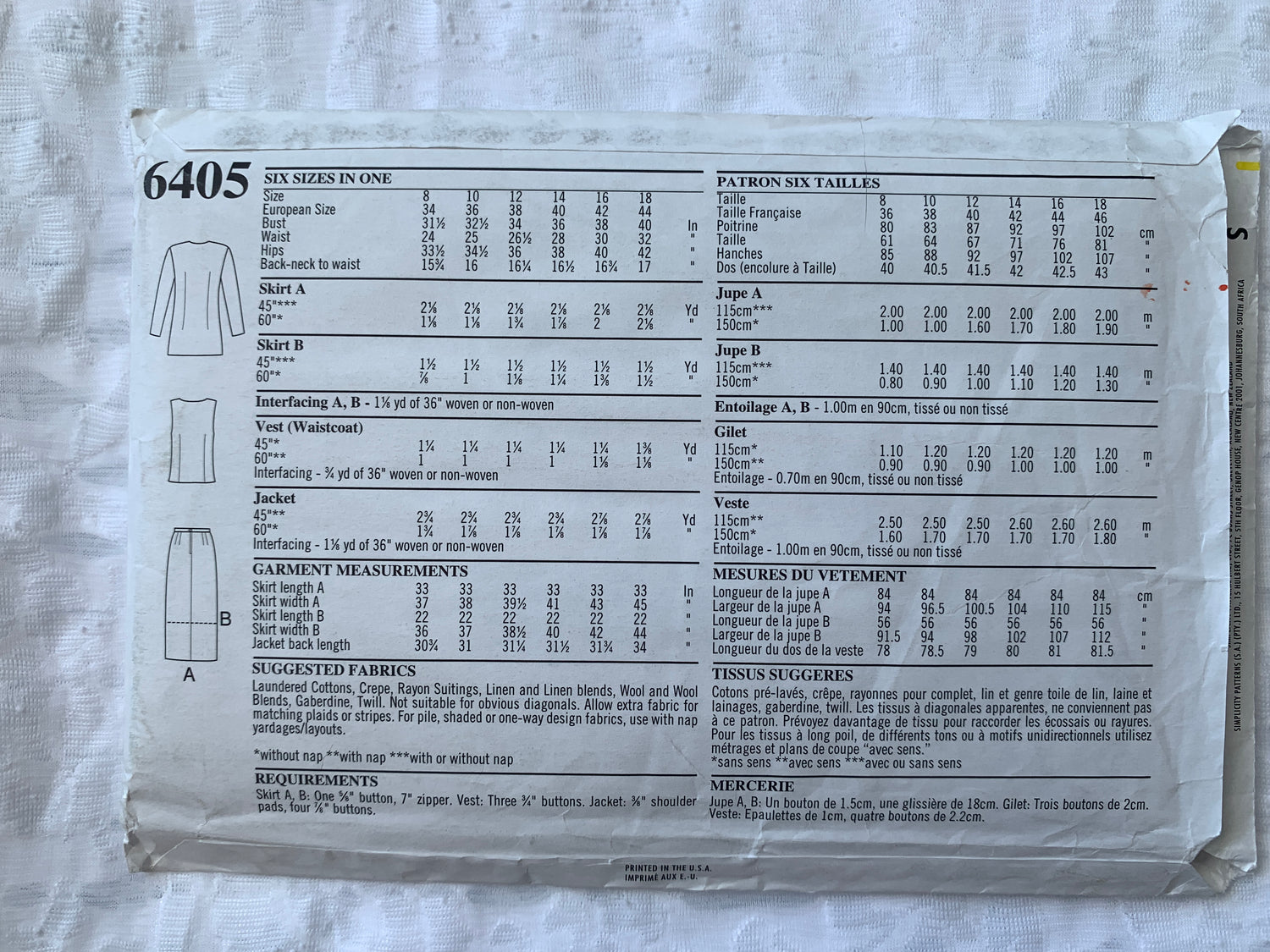 Simplicity New Look Sewing Pattern 6405 Misses' Jacket, Vest, Two Lengths Skirt, Long Sleeves, Sleeveless, Size 8-18, Uncut, Vintage 1995