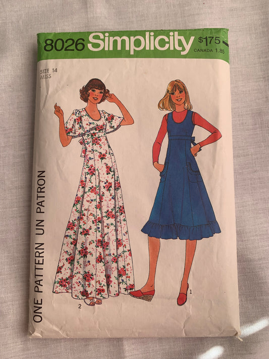 Simplicity Sewing Pattern 8026 Misses' Dress, Jumper, Zipper Back, Ties, Two Lengths, Short Sleeves, Sleeveless, Size 14, Cut, Vintage 1977