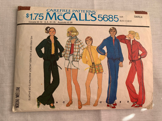 McCall's Sewing Pattern 5685 Misses'/Men's Unlined Jacket, Pull-On Pants/Shorts, Elastic Waist, Long Raglan Sleeves, Drawstring, Loose-Fitting, Size 32-42, Cut, Vintage 1977