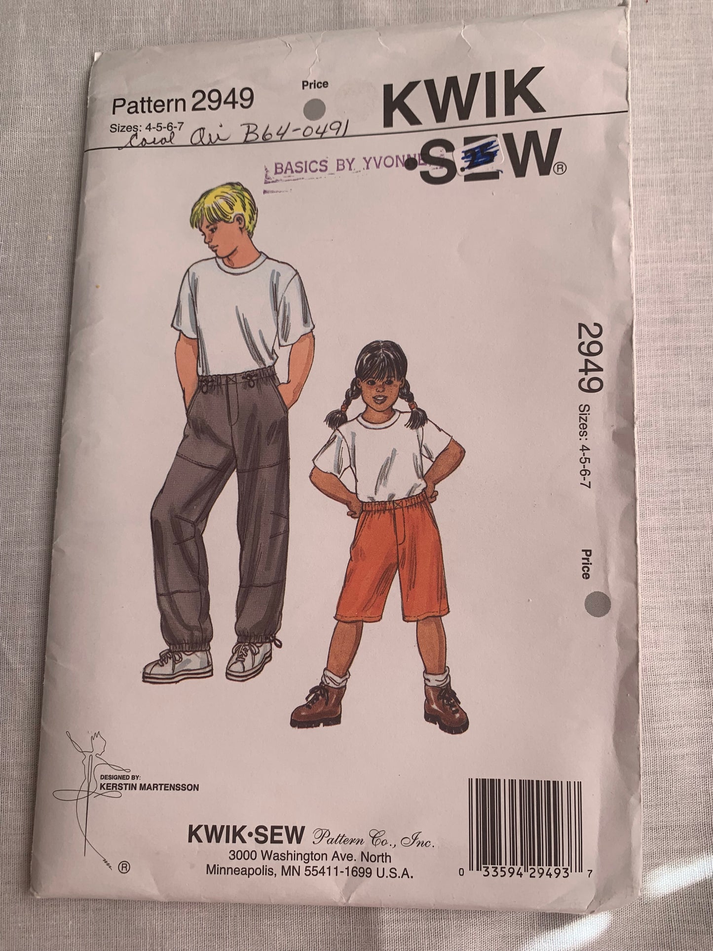 KWIK Sewing Pattern 2949 Boys'/Girls' Pants, Shorts, Pockets, Elastic Waist, Pocket, Fly Zipper, Size 4-7, Cut, 2005