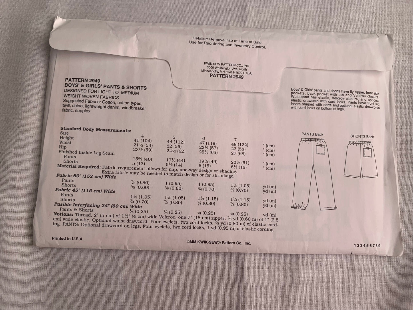 KWIK Sewing Pattern 2949 Boys'/Girls' Pants, Shorts, Pockets, Elastic Waist, Pocket, Fly Zipper, Size 4-7, Cut, 2005