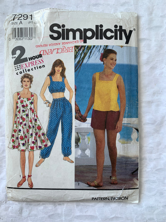 Simplicity Sewing Pattern 7291 Misses' Sundress, Pants, Shorts, Elastic Waist, Two Lengths, Size 6-20, Uncut, Vintage 1991
