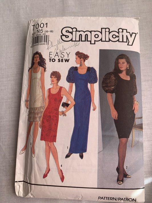 Simplicity Sewing Pattern 7001 Misses'/Miss Petite Dress, Two Lengths, Short Sleeves, Sleeveless, Zipper Back, Semi-Fitted, Size 10-18, Cut, Vintage 1990