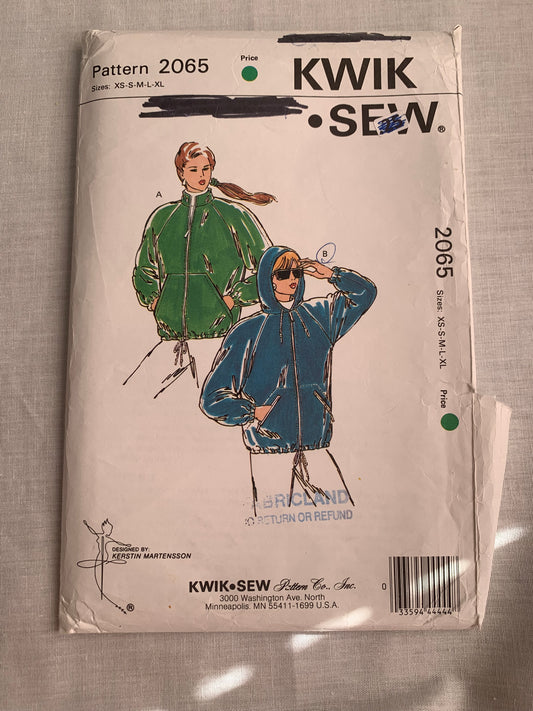 KWIK Sewing Pattern 2065 Misses' Jackets, Zipper Front, Hood, Loose-Fitting, Pockets, Size XS-XL, Cut, Vintage 1991