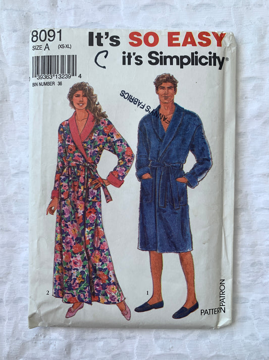 Simplicity Sewing Pattern 8091 Misses'/Men's Robe,Two Lengths, Tie, Size 29-44, Uncut, Vintage 1989