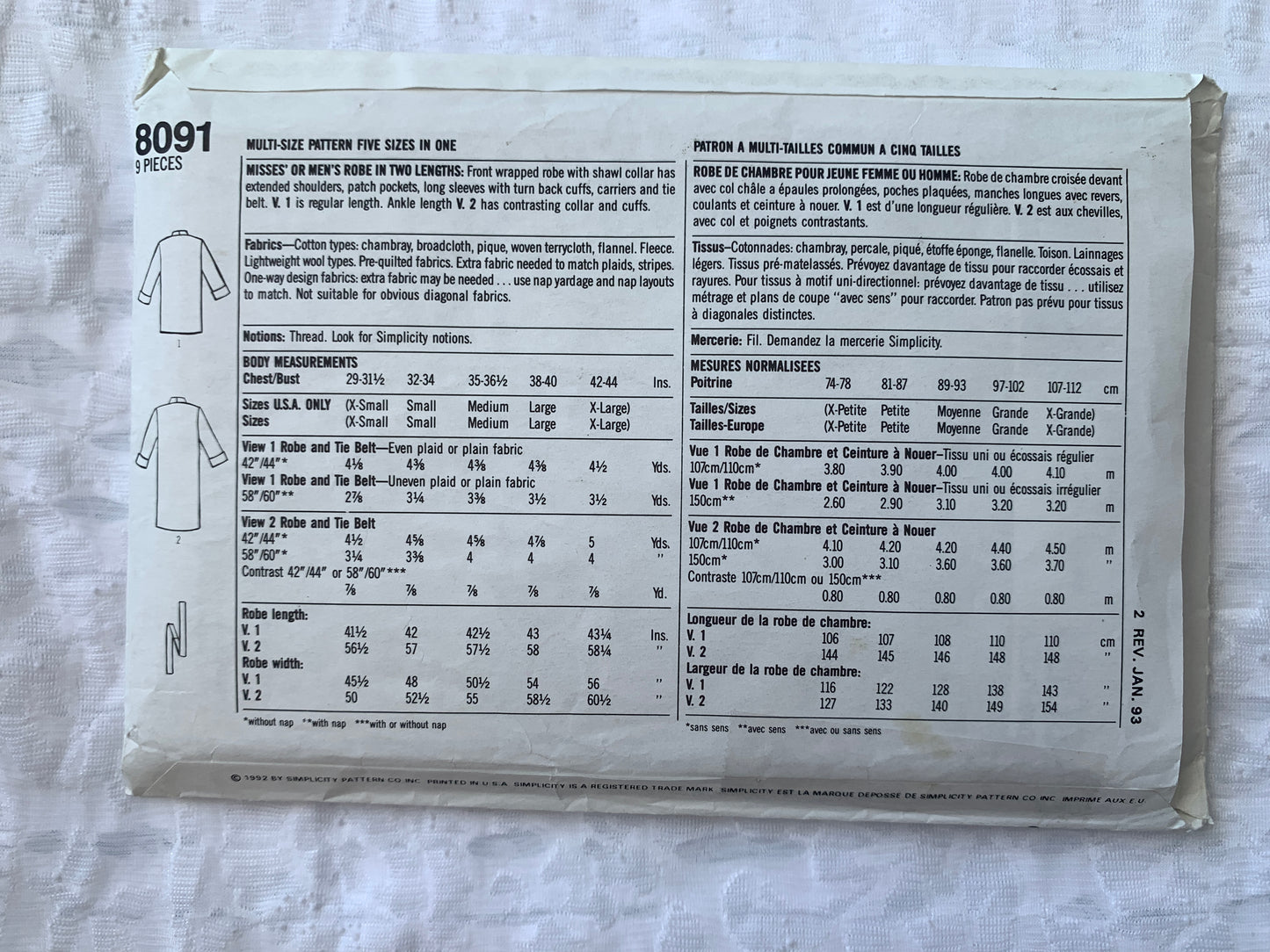 Simplicity Sewing Pattern 8091 Misses'/Men's Robe,Two Lengths, Tie, Size 29-44, Uncut, Vintage 1989