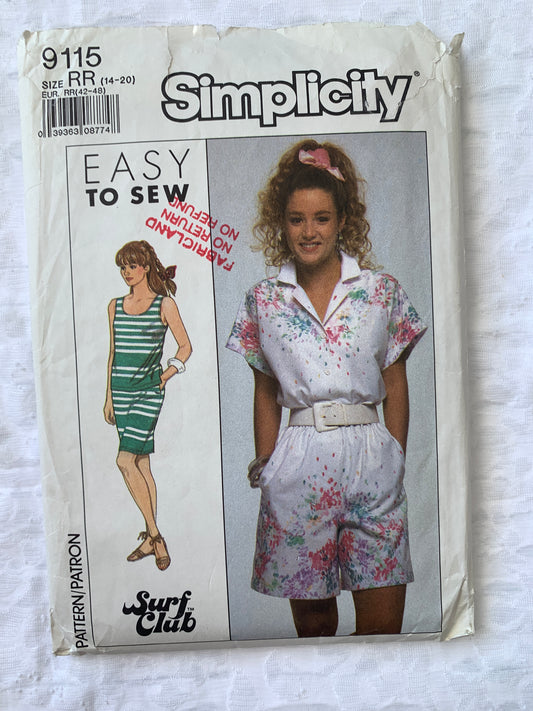 Simplicity Sewing Pattern 9115 Misses' Shirt, Shorts, Skirt, Tank Top, Pullover, Pockets, Size 14-20, Uncut, Vintage 1999