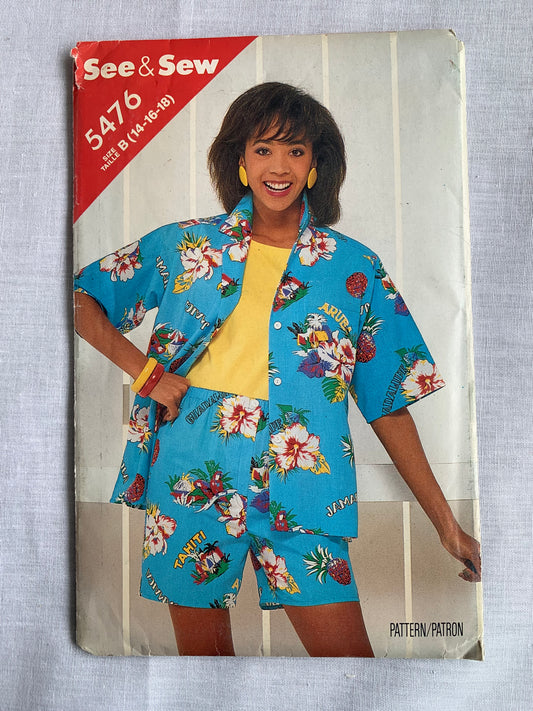 Butterick See & Sew Sewing Pattern 5476 Misses' Shirt, Shorts, Loose-Fitting, Collar, Pocket, Button Front, Elastic Waist, Size 14-18, Uncut, Vintage 1986