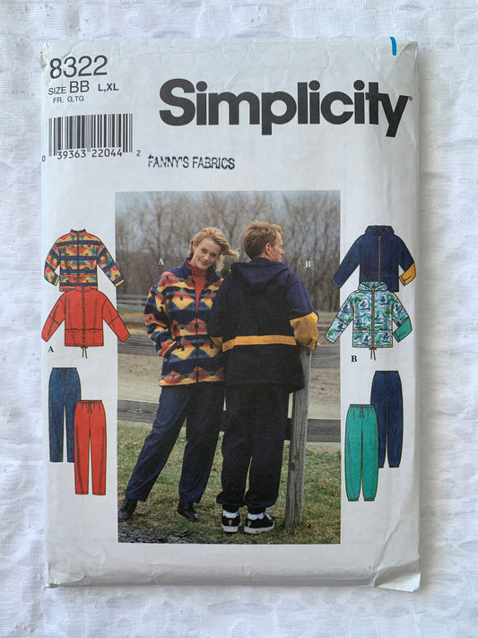 Simplicity Sewing Pattern 8322 Misses'/Men's/Teens Jacket, Pants, Pockets, Zipper Front, Size 30-48, Uncut, Vintage 1996