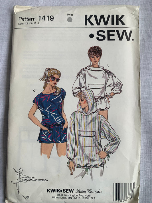 Kwik Sewing Pattern 1419 Misses' Coverup, Dropped Shoulders, Hood, Elastic Waist, Pullover, Pockets, Size XS-L, Uncut, Vintage 1986