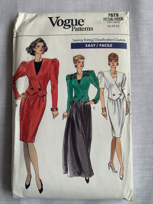 Vogue Sewing Pattern 7679 Misses' Jacket, Skirt, Shoulder Pads, Two Lengths, Long/Short Sleeves, Zipper Back, Size 18-22, Uncut, Vintage 1989