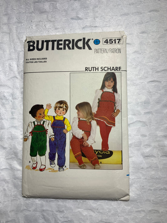 Butterick Sewing Pattern 4517 Toddlers' Jumper, Jumpsuit, Blouse, Two Lengths, Long Sleeves, Size 1-4, Uncut, 1991