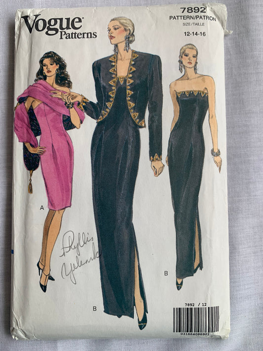 Vogue Sewing Pattern 7892 Misses'/Misses' Petite Jacket, Dress, Stole, Loose-Fitting, Shoulder Pads, Side Zipper, Size 12-16, Uncut, Vintage 1990