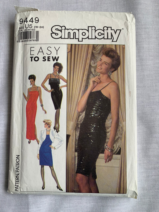 Simplicity Sewing Pattern 9449 Misses'/Miss Petite Lined Dress, Two Lengths, Jacket, Zipper Back, Side Slit, Size 16-24, Uncut, Vintage 1989