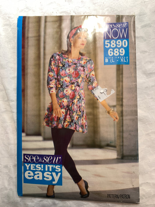 Butterick Sewing Pattern See & Sew 5890 Misses' Top, Leggings, Long Sleeves, Loose-Fitting, Elastic Waist, Size 16-22, Uncut, Vintage 1991
