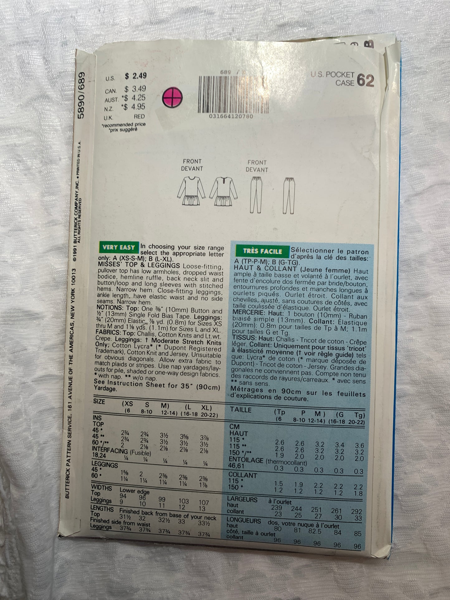 Butterick Sewing Pattern See & Sew 5890 Misses' Top, Leggings, Long Sleeves, Loose-Fitting, Elastic Waist, Size 16-22, Uncut, Vintage 1991