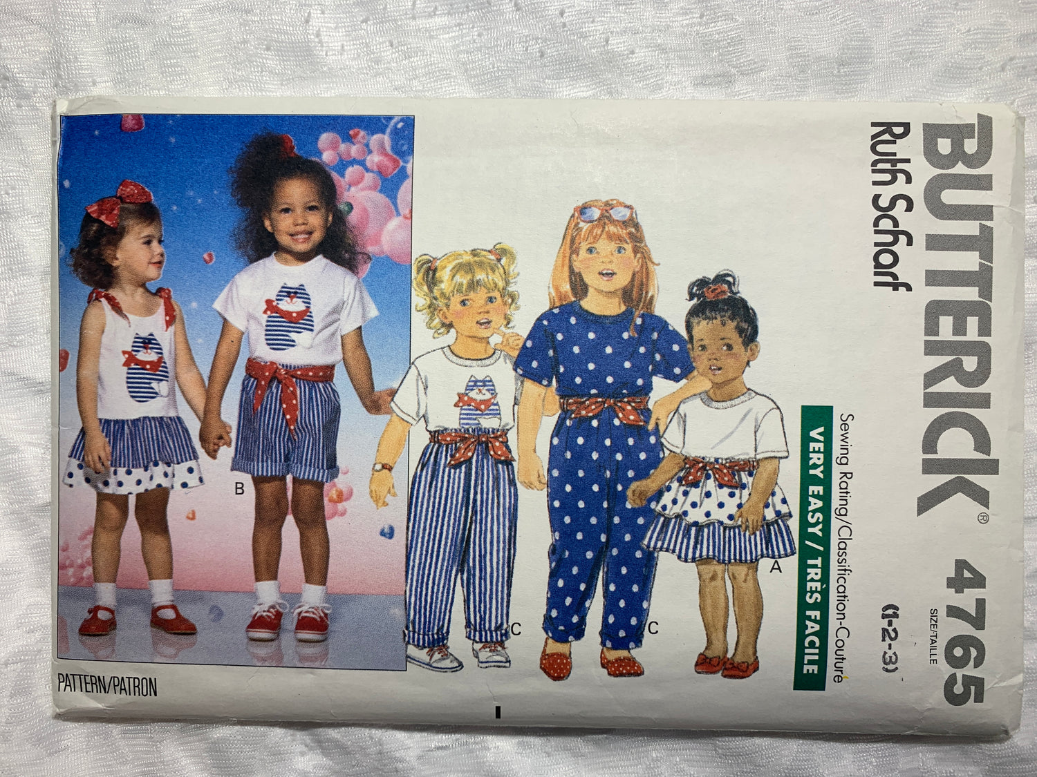 Butterick Sewing Pattern 4765 Toddlers' Dress, Top, Skirt, Shorts, Pants, Sash, Elastic Waist, Size 1-3, Uncut, 1999