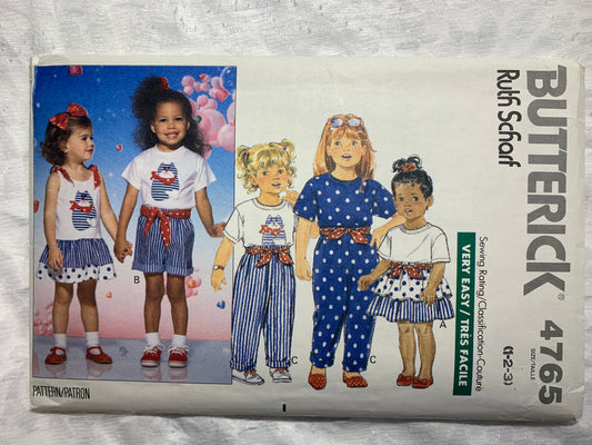 Butterick Sewing Pattern 4765 Toddlers' Dress, Top, Skirt, Shorts, Pants, Sash, Elastic Waist, Size 1-3, Uncut, 1999