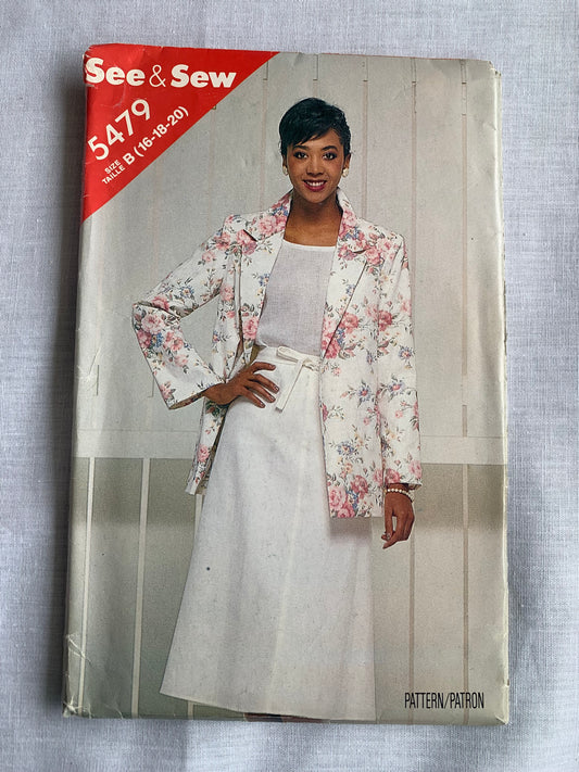 Butterick Sewing Pattern See & Sew 54794 Misses' Jacket, Wrap Skirt, Loose-Fitting, Shoulder Pads,Pockets, Pockets, Size 16-20, Uncut, Vintage 1986
