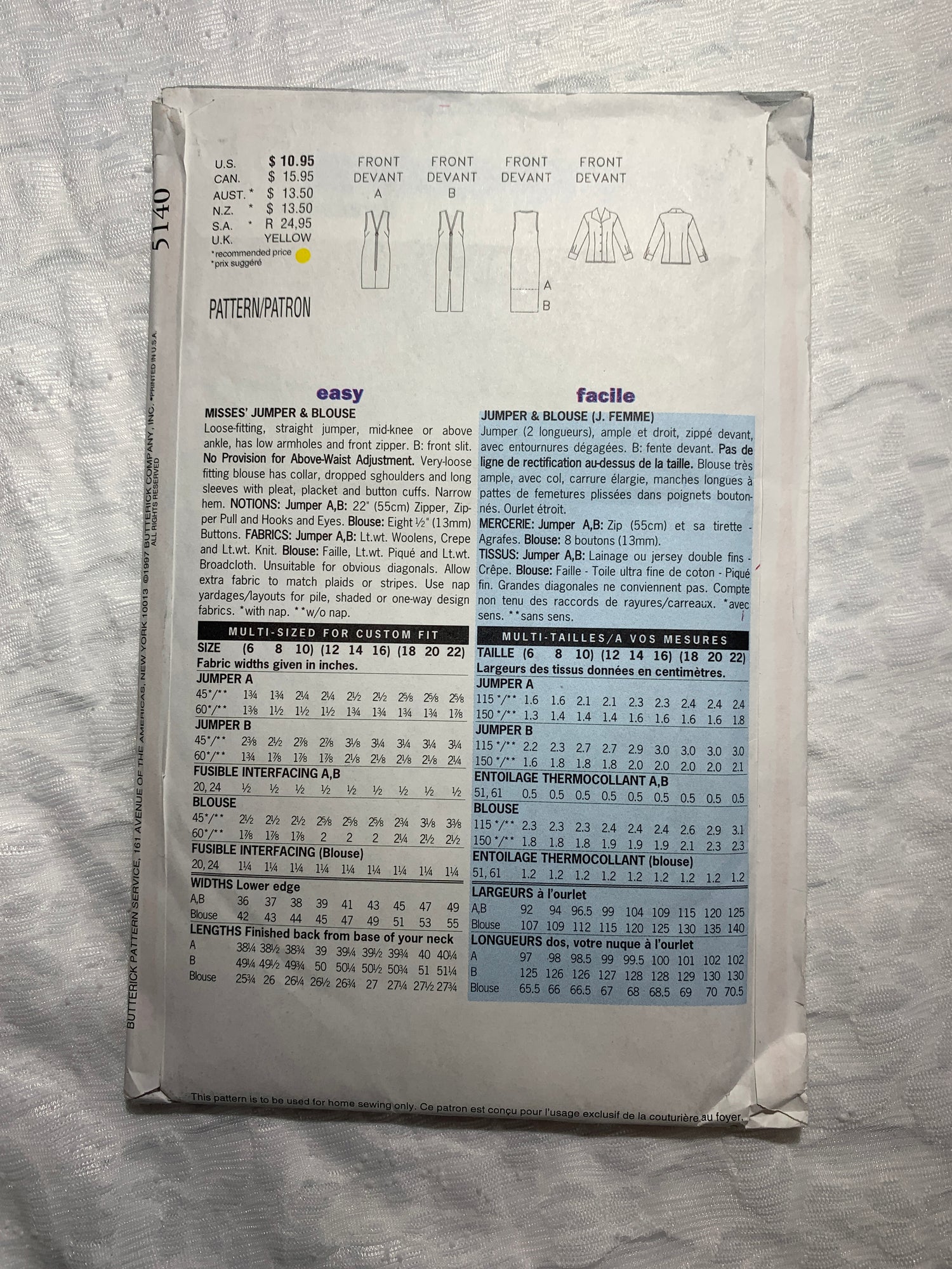 Butterick Sewing Pattern 5140 Misses' Jumper, Blouse, Loose-Fitting, Two Lengths, Zipper, Size 6-10, Uncut, Vintage 1997