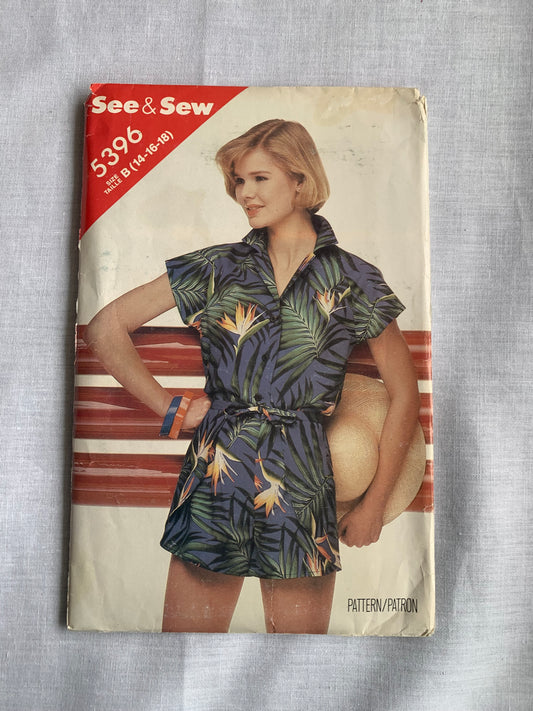 Butterick See & Sew Sewing Pattern 5396 Misses' Top, Shorts, Loose-Fitting, Collar, Button Front, Elastic Waist, Size 14-18, Uncut, Vintage 1985