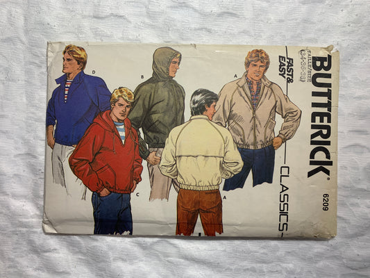 Butterick Sewing Pattern 6209 Men's Jacket, Loose-Fitting, Hood, Zipper Front, Pockets, Long Sleeves, Size 34-38, Uncut, Vintage 1994