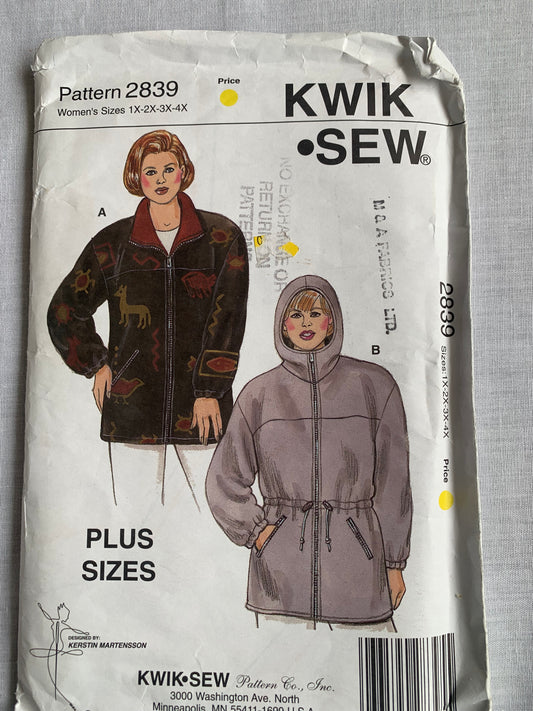 KWIK Sewing Pattern 2839 Misses' Jackets, Zipper Front, Hood, Elastic Waist, Pockets, Size 1X-4X, Uncut, Vintage 1999