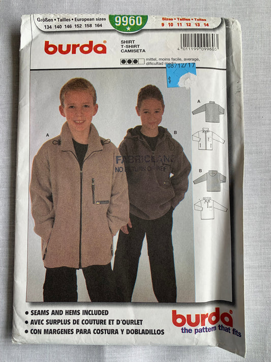 Burda Sewing Pattern 9960 Boy's Jacket, Hood, Zipper Front, Pockets, Loose-Fitting, Size 9-14, Uncut, Vintage 1995