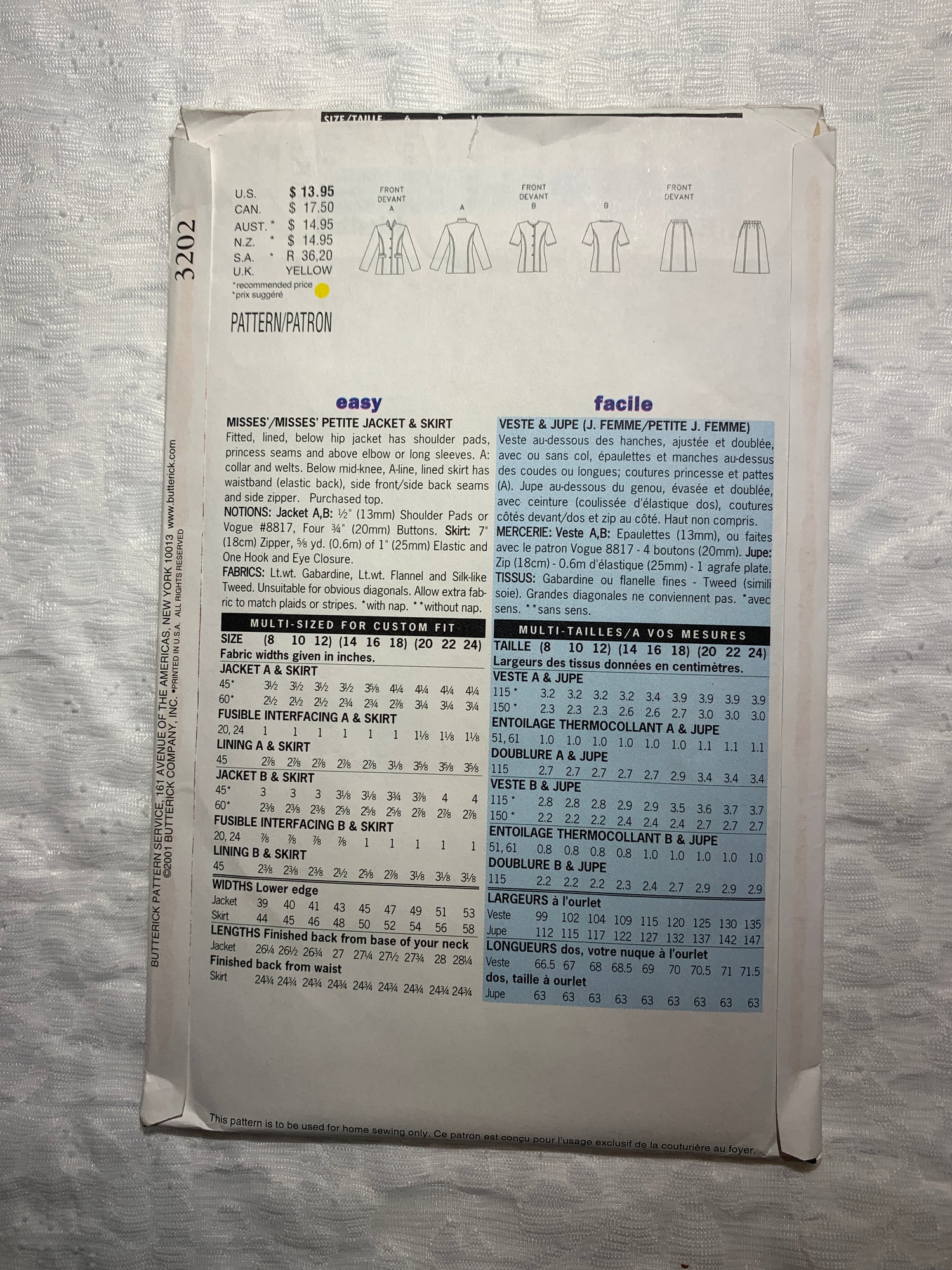 Butterick Sewing Pattern 3202 Misses'/Misses' Petite Jacket, Skirt, Fitted, Lined, Collar, Button Front, Size 8-12, Uncut, 2001