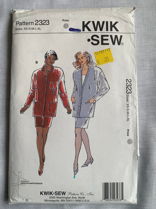 Kwik Sewing Pattern 2323 Misses' Jackets, Skirts, Button Front, Long Sleeves, Loose-Fitting, Pockets, Elastic Waist, Size XS-XL, Uncut, Vintage 1999