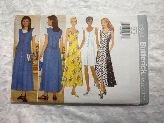 Butterick Sewing Pattern 4932 Misses' Dress, Fitted, Sleeveless, Button Front, Two Lengths, Princess Seams, Size 6-10, Uncut, Vintage 1997