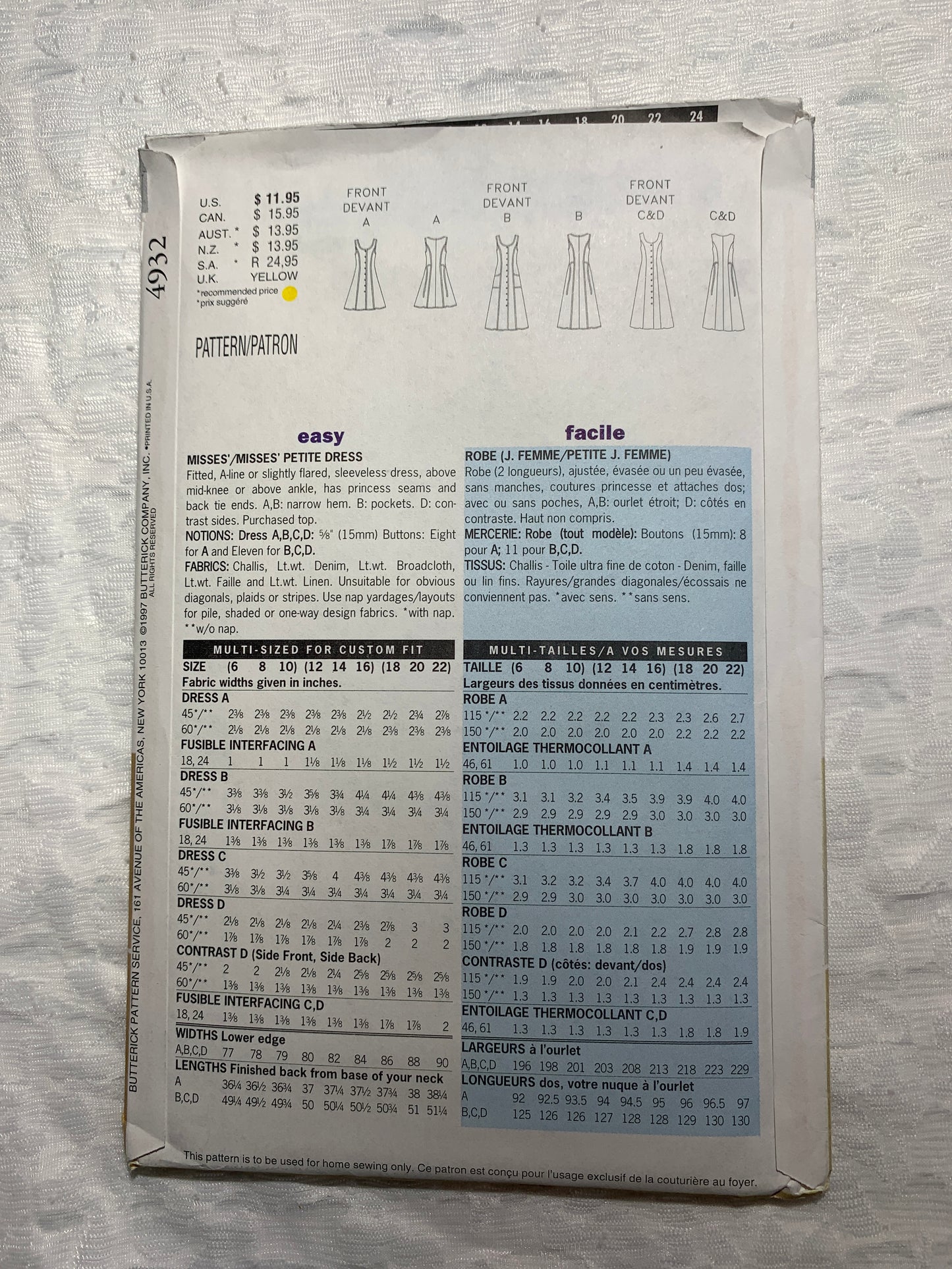 Butterick Sewing Pattern 4932 Misses' Dress, Fitted, Sleeveless, Button Front, Two Lengths, Princess Seams, Size 6-10, Uncut, Vintage 1997