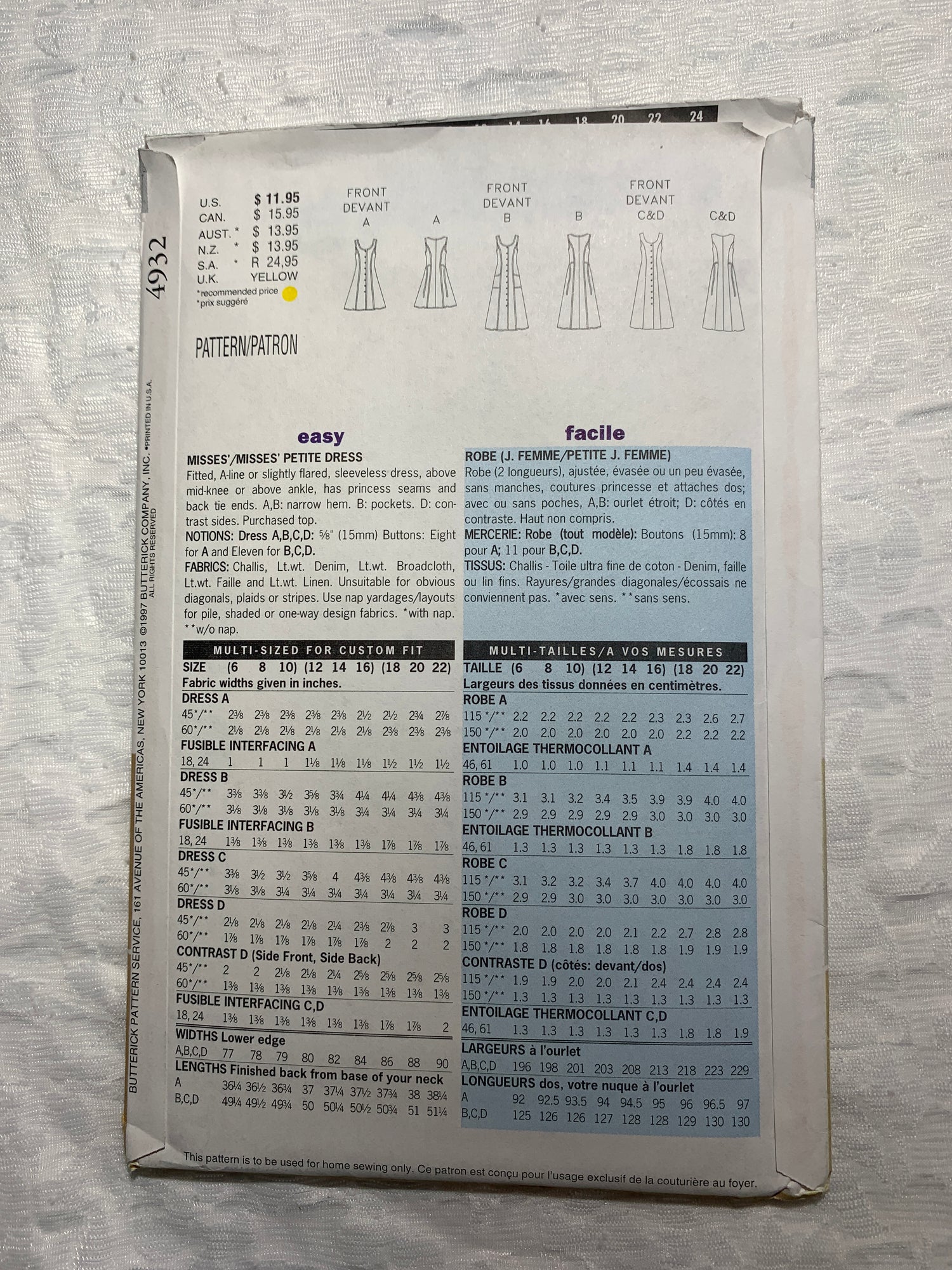 Butterick Sewing Pattern 4932 Misses' Dress, Fitted, Sleeveless, Button Front, Two Lengths, Princess Seams, Size 6-10, Uncut, Vintage 1997