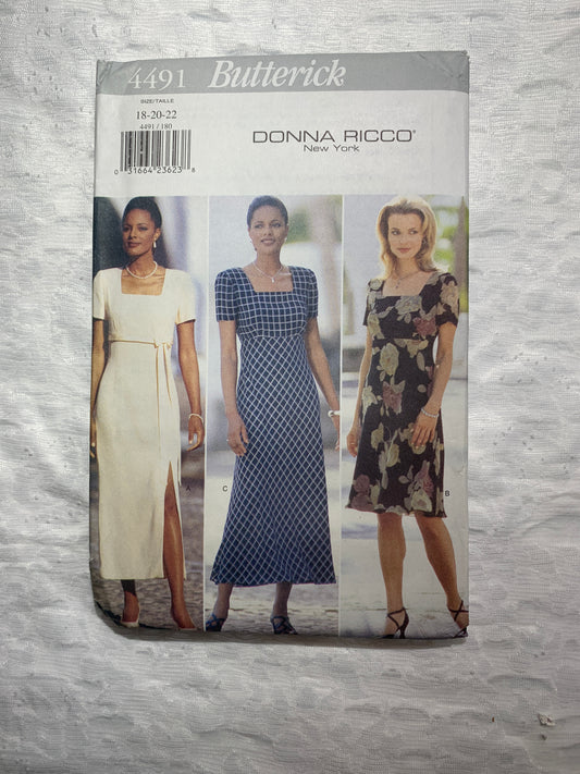 Butterick Sewing Pattern 4491 Donna Ricco Misses' Dress, Two Lengths, Shoulder Pads, Back Zipper, Size 18-22, Uncut, Vintage 1996