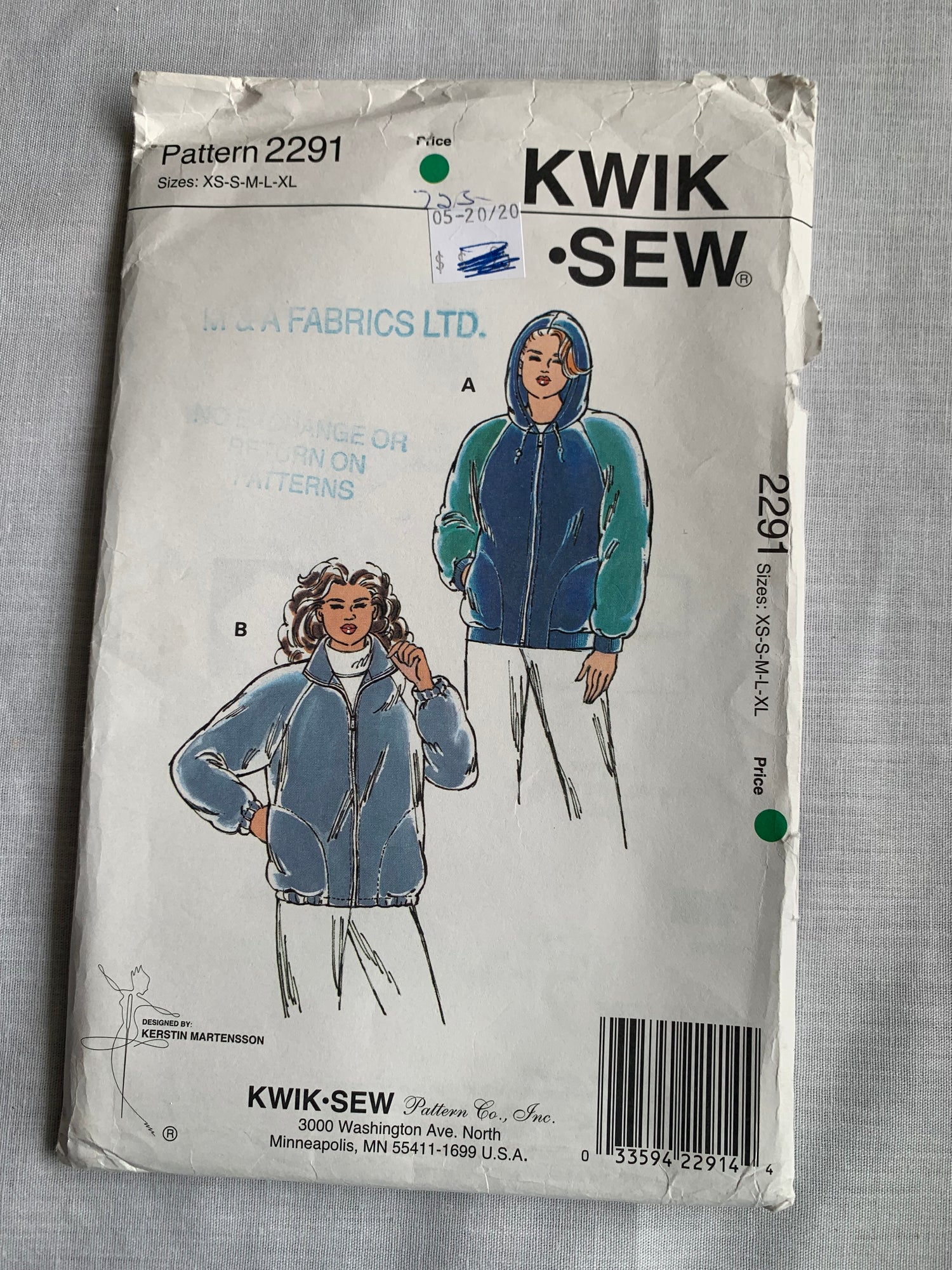 KWIK Sewing Pattern 2291 Misses' Jackets, Zipper Front, Hood, Loose-Fitting, Pockets, Size XS-XL, Uncut, Vintage 1991
