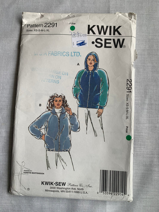 KWIK Sewing Pattern 2291 Misses' Jackets, Zipper Front, Hood, Loose-Fitting, Pockets, Size XS-XL, Uncut, Vintage 1991